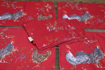 catalog photo of Williams Sonoma Marc Lacaze roosters on red placemats & napkins set, french country style