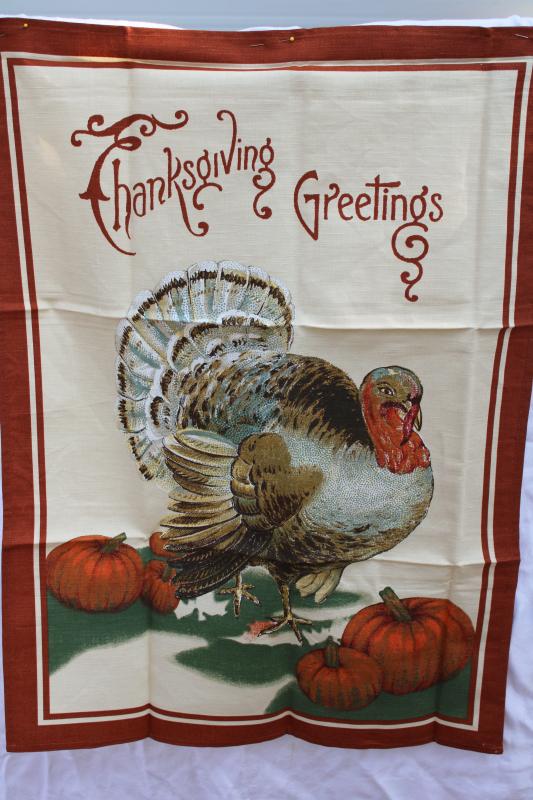 photo of Williams Sonoma Thanksgiving Greetings vintage turkey print cotton towel made in Italy #1