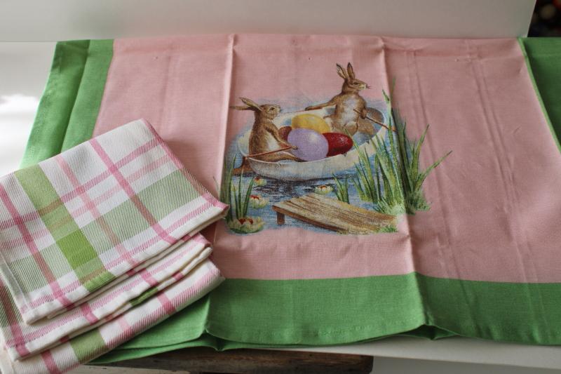 photo of Williams Sonoma cotton kitchen dish tea towels, vintage style Easter bunny, pink green plaid #1