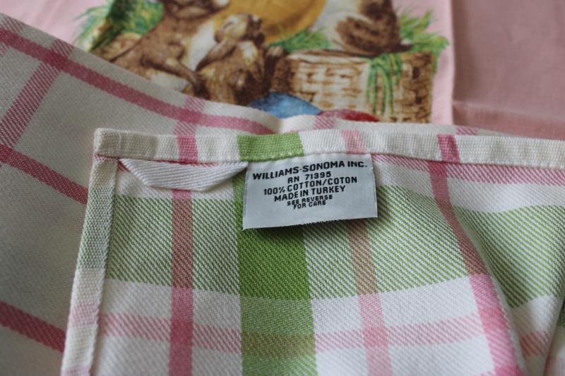 photo of Williams Sonoma cotton kitchen dish tea towels, vintage style Easter bunny, pink green plaid #3