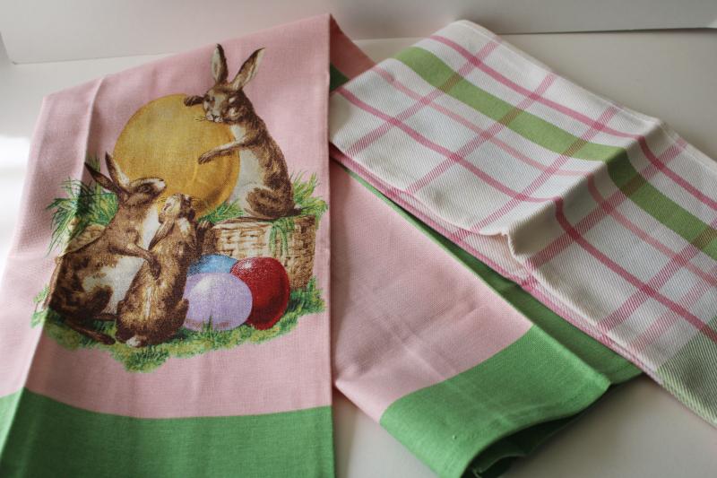 photo of Williams Sonoma cotton kitchen dish tea towels, vintage style Easter bunny, pink green plaid #5