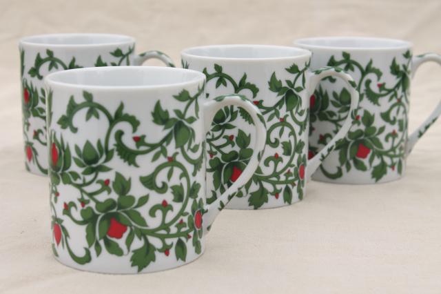 photo of Williams Sonoma holiday coffee mugs set, vintage Japan ceramic cups green vines w/ red #1