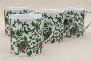 catalog photo of Williams Sonoma holiday coffee mugs set, vintage Japan ceramic cups green vines w/ red