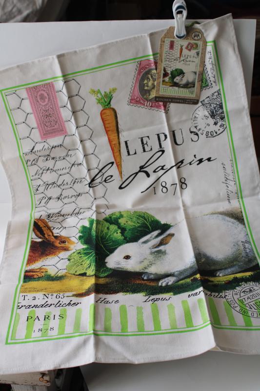 photo of Williams Sonoma print cotton kitchen dish tea towel, Easter bunny motorcar vintage style graphics #1