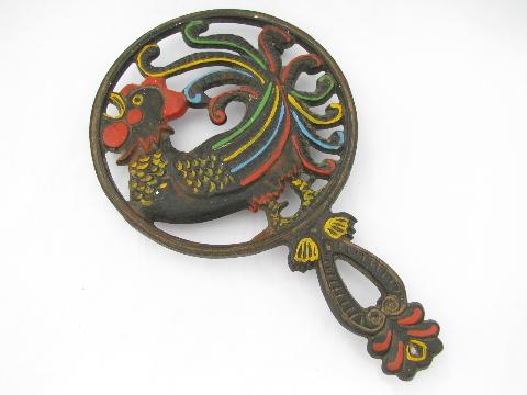 photo of Wilton cast iron trivet w/ hand-painted rooster, vintage kitchen #1