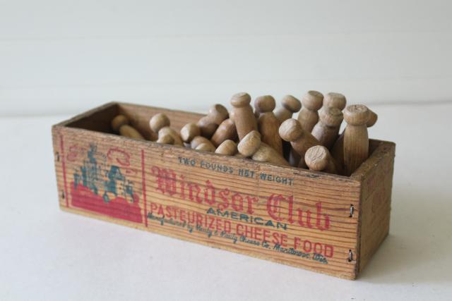 photo of Windsor Club vintage wood cheese box with primitive old wooden clothes pegs clothespins #1