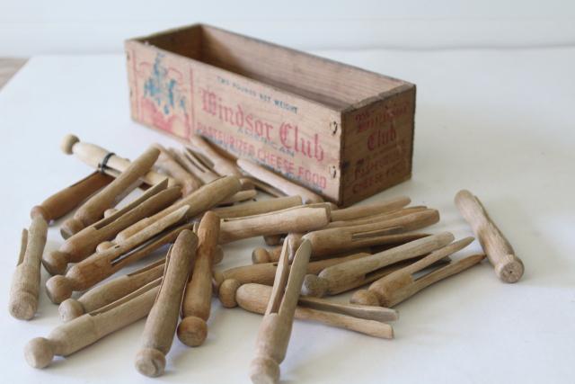 photo of Windsor Club vintage wood cheese box with primitive old wooden clothes pegs clothespins #2