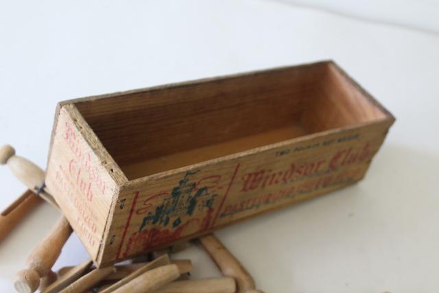 photo of Windsor Club vintage wood cheese box with primitive old wooden clothes pegs clothespins #4