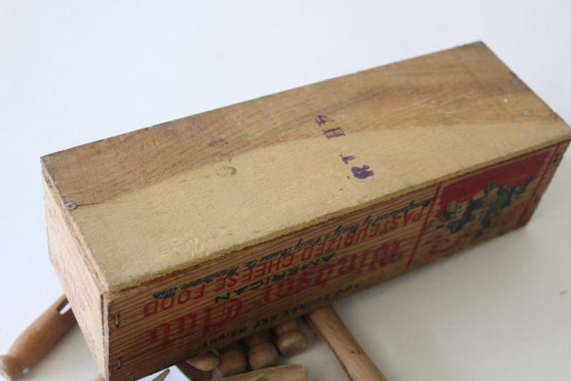 photo of Windsor Club vintage wood cheese box with primitive old wooden clothes pegs clothespins #5