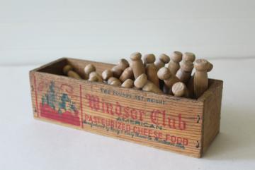 catalog photo of Windsor Club vintage wood cheese box with primitive old wooden clothes pegs clothespins