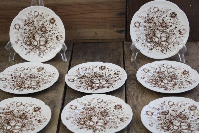 photo of Windsor Ware Dover brown transferware floral china plates, mid century vintage Johnson Bros #1