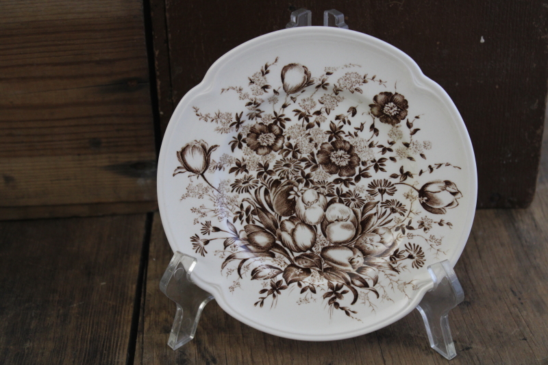 photo of Windsor Ware Dover brown transferware floral china plates, mid century vintage Johnson Bros #2