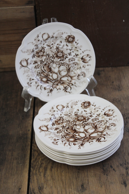 photo of Windsor Ware Dover brown transferware floral china plates, mid century vintage Johnson Bros #5