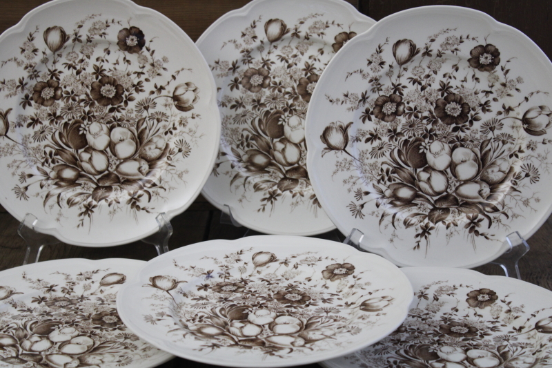 photo of Windsor Ware Dover brown transferware spring floral dinner plates, mid century vintage Johnson Bros #1