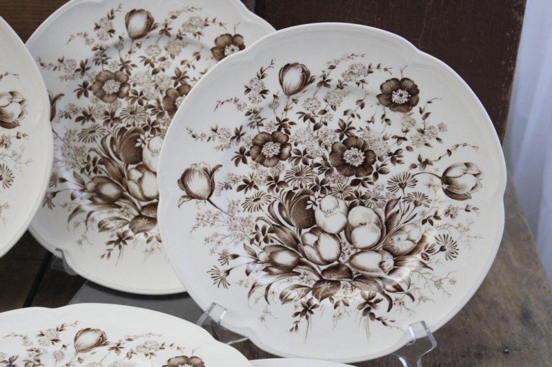 photo of Windsor Ware Dover brown transferware spring floral dinner plates, mid century vintage Johnson Bros #2