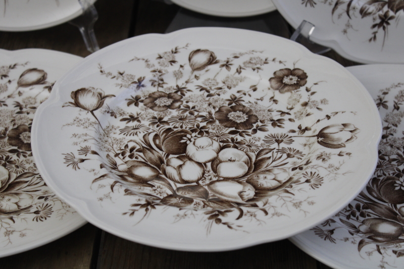 photo of Windsor Ware Dover brown transferware spring floral dinner plates, mid century vintage Johnson Bros #3