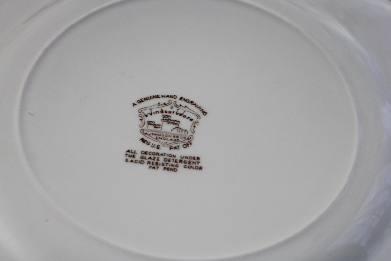 photo of Windsor Ware Dover brown transferware spring floral dinner plates, mid century vintage Johnson Bros #4