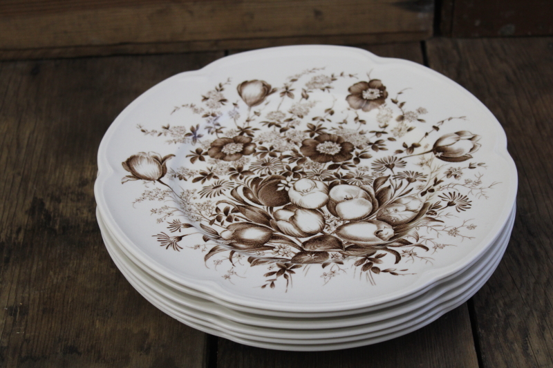 photo of Windsor Ware Dover brown transferware spring floral dinner plates, mid century vintage Johnson Bros #5