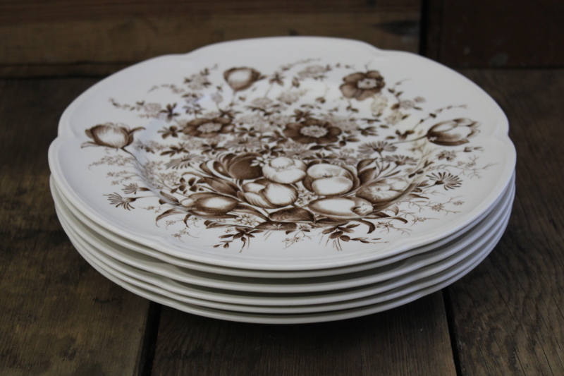 photo of Windsor Ware Dover brown transferware spring floral dinner plates, mid century vintage Johnson Bros #6