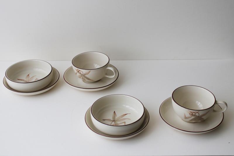 photo of Winfield Ware passion flower pottery dishes, mid-century mod vintage breakfast set #1