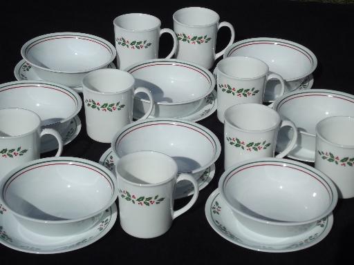 photo of Winter Holly Corelle dishes setfor 8, Christmas mugs, bowls, plates #1