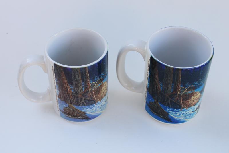 photo of Winter Tracks campfire w/ snowshoes Darrell Bush print coffee mugs, 1990s vintage #6