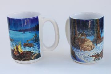 catalog photo of Winter Tracks campfire w/ snowshoes Darrell Bush print coffee mugs, 1990s vintage