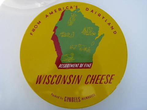 photo of Wisconsin cheese boxes, America's Dairyland map, two vintage tins #4