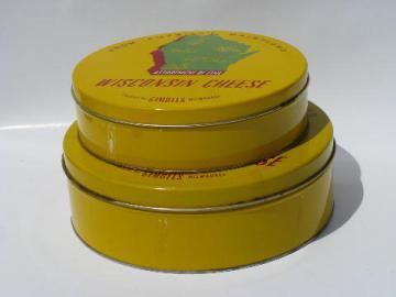 catalog photo of Wisconsin cheese boxes, America's Dairyland map, two vintage tins