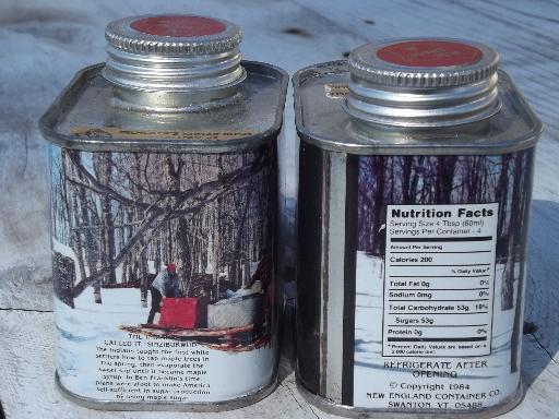 photo of Wisconsin maple syrup tins, lot of old metal litho cans 80s vintage #3