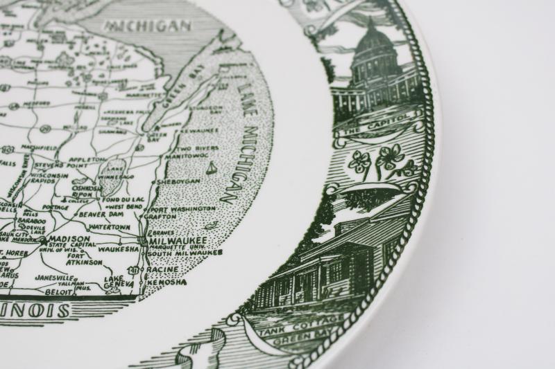 photo of Wisconsin souvenir plate green & white print map, tourist vacation spots #4