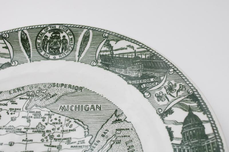 photo of Wisconsin souvenir plate green & white print map, tourist vacation spots #5