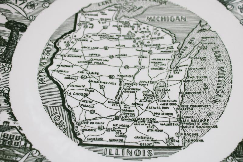 photo of Wisconsin souvenir plate green & white print map, tourist vacation spots #6