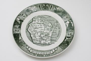 catalog photo of Wisconsin souvenir plate green & white print map, tourist vacation spots