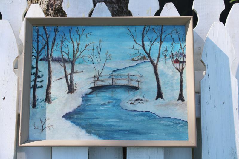 photo of Wisconsin winter landscape original painting mid-century vintage framed folk art #1