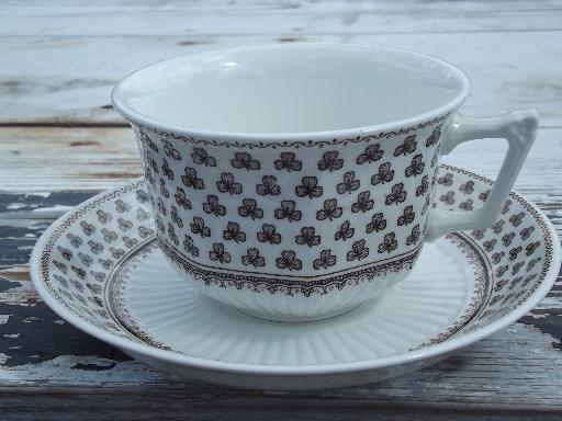 photo of Wm Adams Sharon brown transferware shamrock clover china cups and saucers #2