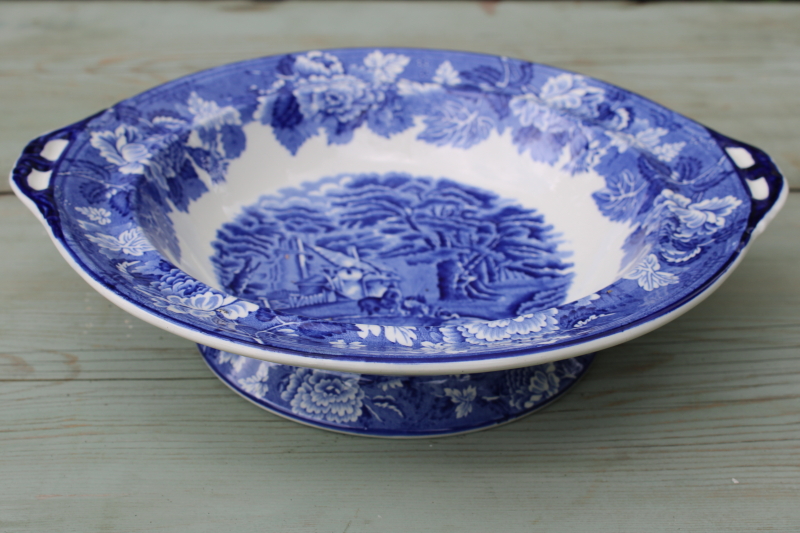 photo of Wood & Sons English Scenery print vintage blue & white transferware china compote or footed serving bowl #1