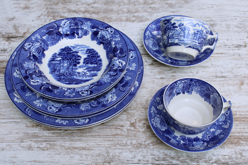 photo of Wood & Sons English Scenery vintage blue & white china transferware print dishes, plates, bowls, cups & saucers for two  #6