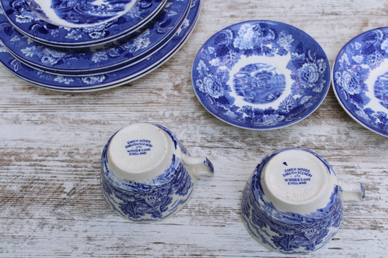 photo of Wood & Sons English Scenery vintage blue & white china transferware print dishes, plates, bowls, cups & saucers for two  #9