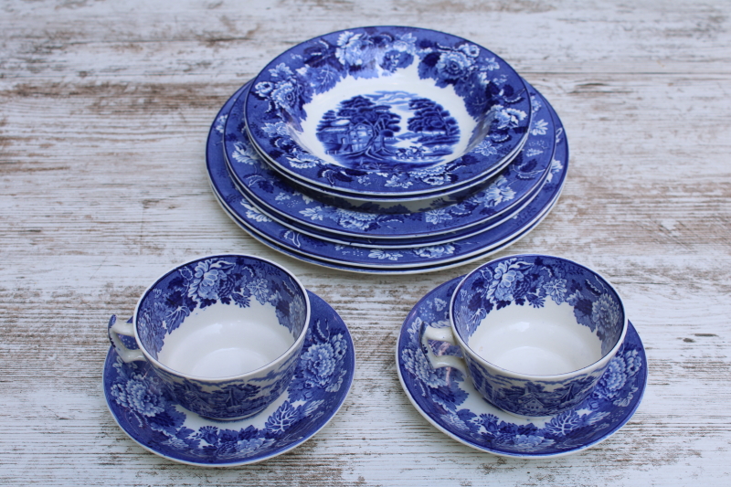 photo of Wood & Sons English Scenery vintage blue & white china transferware print dishes, plates, bowls, cups & saucers for two  #10