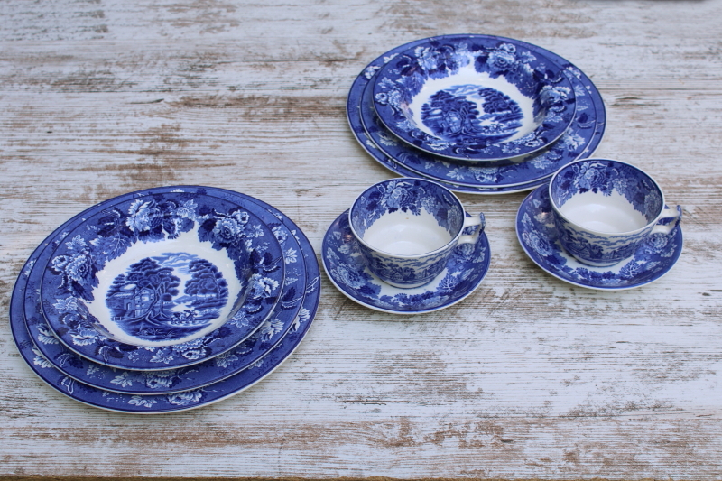 photo of Wood & Sons English Scenery vintage blue & white china transferware print dishes, plates, bowls, cups & saucers for two  #11