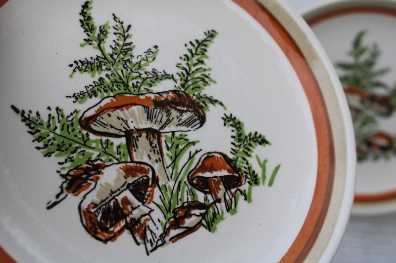 photo of Woodland Magic mushrooms & ferns pattern ceramic plates, 70s vintage USA Royal china #2