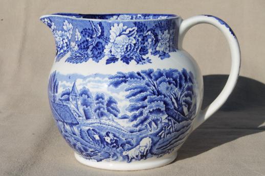 photo of Woods Ware English Scenery milk jug pitcher w/ cows, vintage blue & white transferware china #1