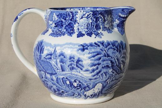 photo of Woods Ware English Scenery milk jug pitcher w/ cows, vintage blue & white transferware china #3