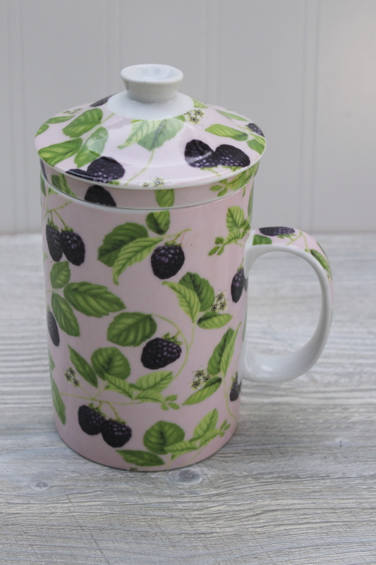 photo of World Market discontinued tea mug, blackberries berry print ceramic mug, infuser cover #1