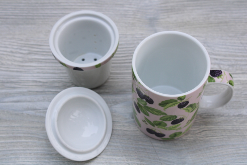 photo of World Market discontinued tea mug, blackberries berry print ceramic mug, infuser cover #2