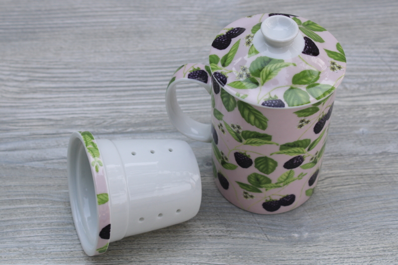 photo of World Market discontinued tea mug, blackberries berry print ceramic mug, infuser cover #3