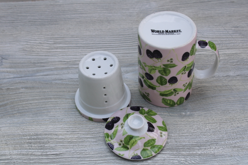 photo of World Market discontinued tea mug, blackberries berry print ceramic mug, infuser cover #4
