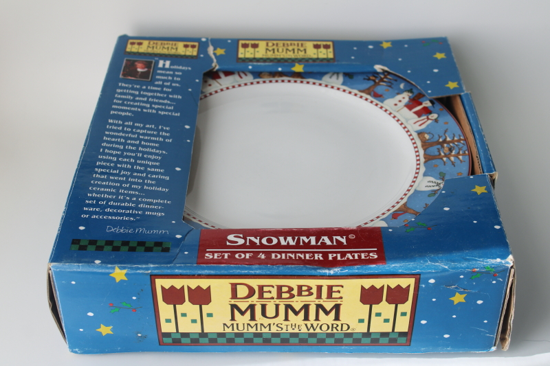 photo of Y2K vintage Debbie Mumm Snowman pattern stoneware dinner plates gently used set in original box  #1