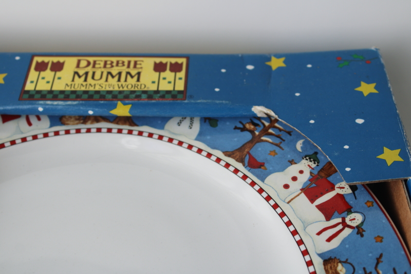 photo of Y2K vintage Debbie Mumm Snowman pattern stoneware dinner plates gently used set in original box  #4